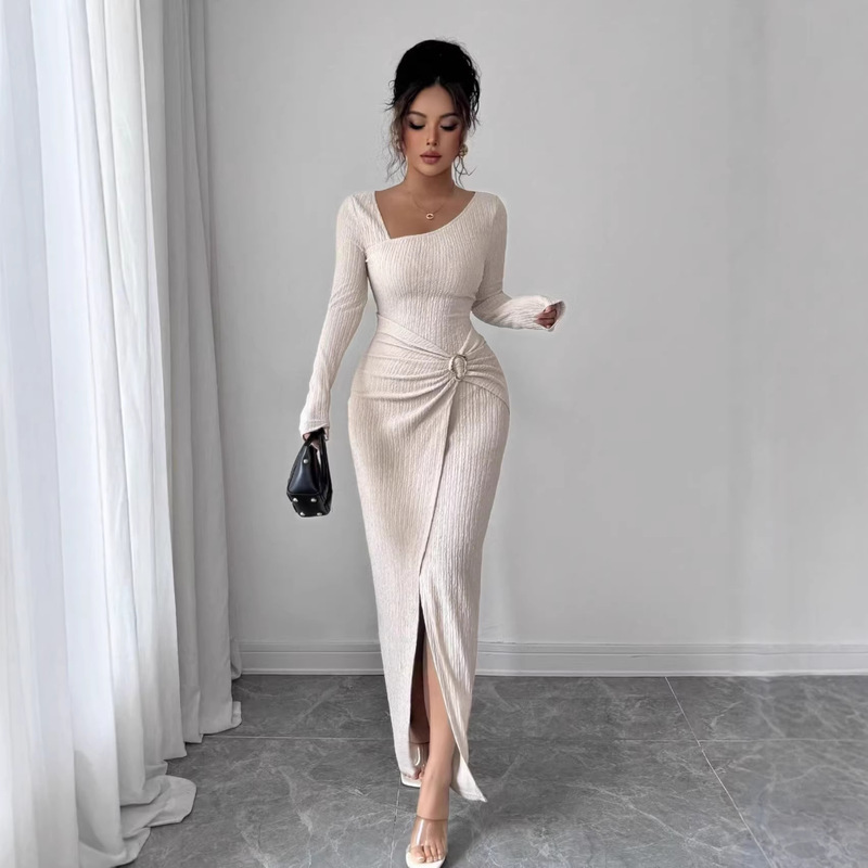 Women's Solid Color Fashion Solid Color Twisted Long Dress with Asymmetric Neckline and Textured Tight Dress