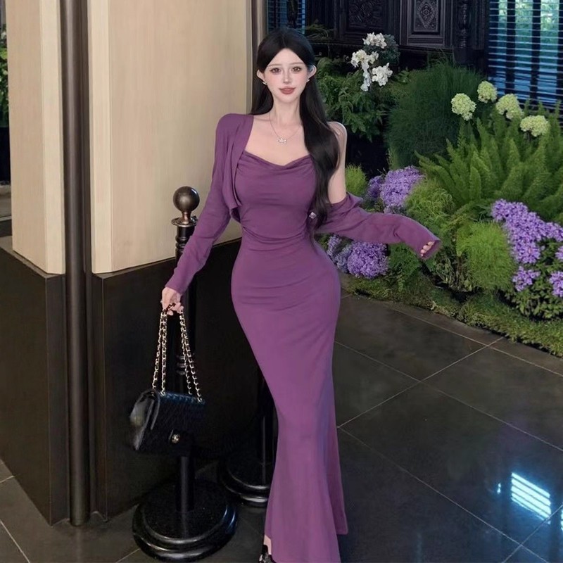 紫色纯欲修身显瘦包臀裙女秋季减龄时尚吊带连衣裙气质开衫两件套|undefined