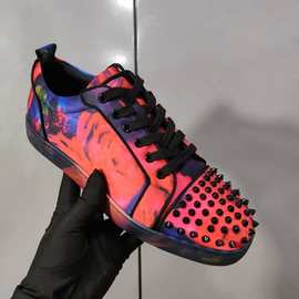 cl andgz男鞋红色印花皮鞋头铆钉系带低帮红底鞋女鞋运动休闲板鞋