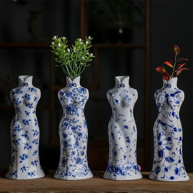 Decoración de jardín de cheongsam decoración de sala de estar de alto nivel decoración de estudio belleza floral porcelana azul seco gabinete de televisión