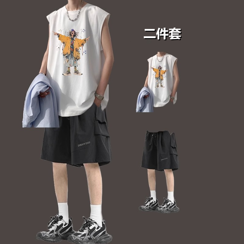 Summer American-style vest and tank top trendy men's sleeveless t-shirt casual cool high street shorts student two-piece set