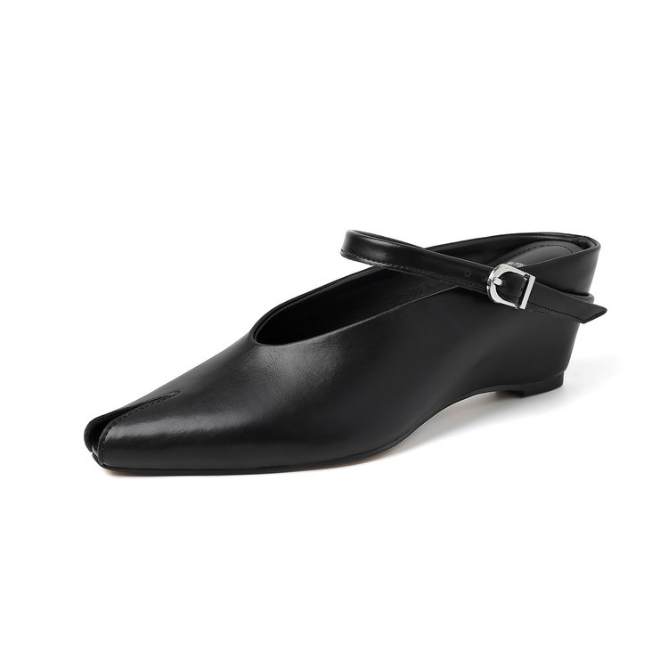 Sandal nữ hở mũi gót nêm cao da bò tăng chiều cao quai ngang — màu đen, màu trắng, màu mơ chi tiết 103
