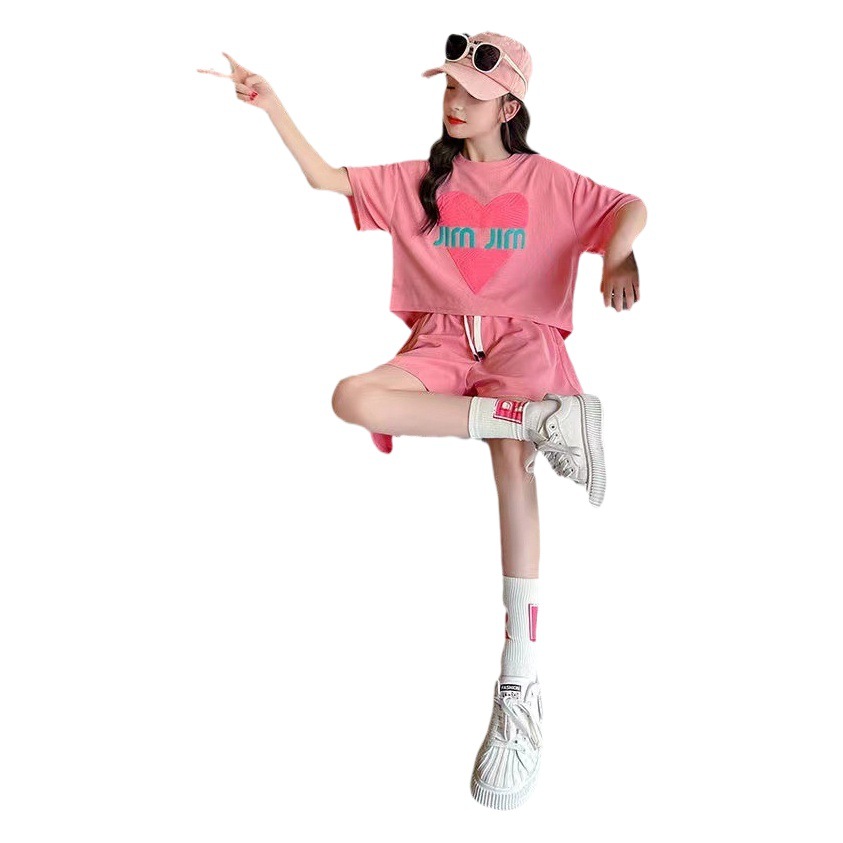 Ropa de verano para niñas traje 2023 nuevo estilo occidental ropa para niños verano para niños amor pantalones cortos de manga corta traje de dos piezas