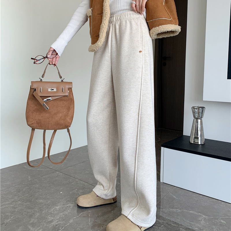 （羊毛贝母扣）冬羊毛秋冬加绒斜侧缝松紧腰宽松窄版微弯刀长裤