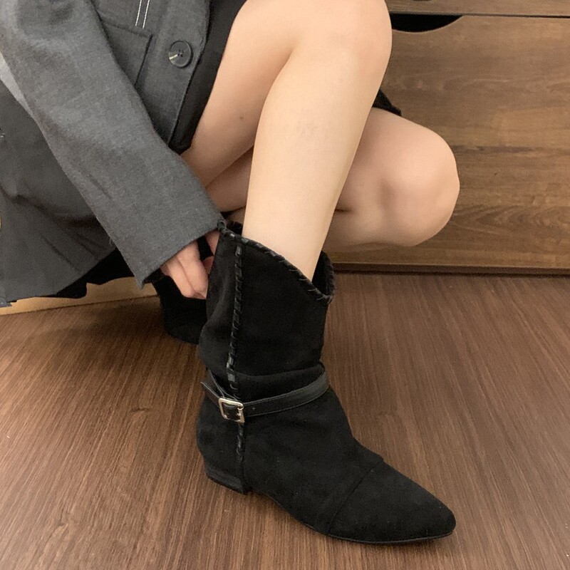 内增高尖头绒面瘦瘦中筒骑士靴女靴子2025秋冬季西部牛仔时装靴|undefined