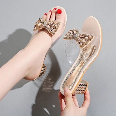 2025 New High-Heeled Slippers for Women's Summer Outer Wear, Versatile Medium Thick Heels, Sexy Transparent Rhinestone Bow Mid-Heeled Sandals