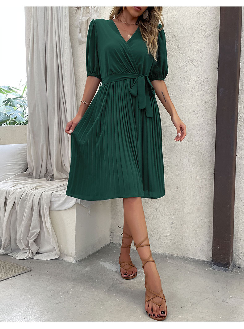 Fashion Solid Color V Neck Short Sleeve Patchwork Pleated Polyester Knee-Length Pleated Skirt