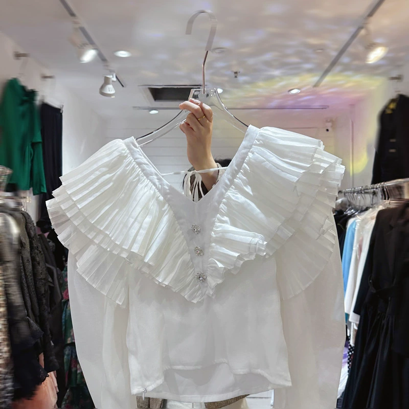 Тринадцать линий французского дизайна нишевый V-образный вырез, лотосовый лист, шифоновая рубашка для женщин, плиссированная кружевная туника, топ с застежкой-страна C1#1292