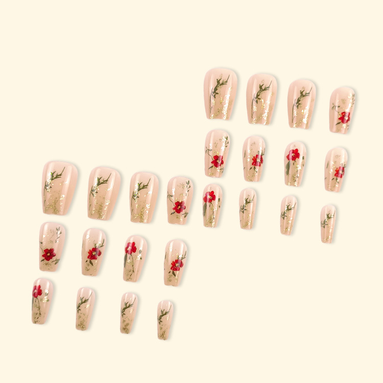 Gold Glitter Nail Tips Red Rose Nails