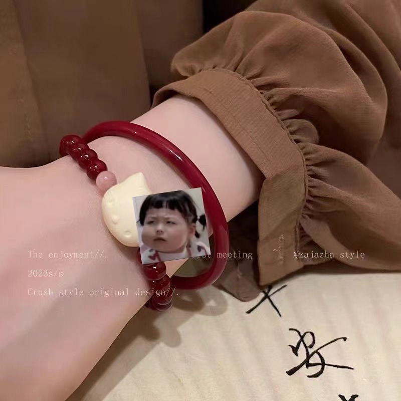 秋夏新可愛小貓硃砂串珠手鍊女生小眾氣質中式手串復古百搭網紅