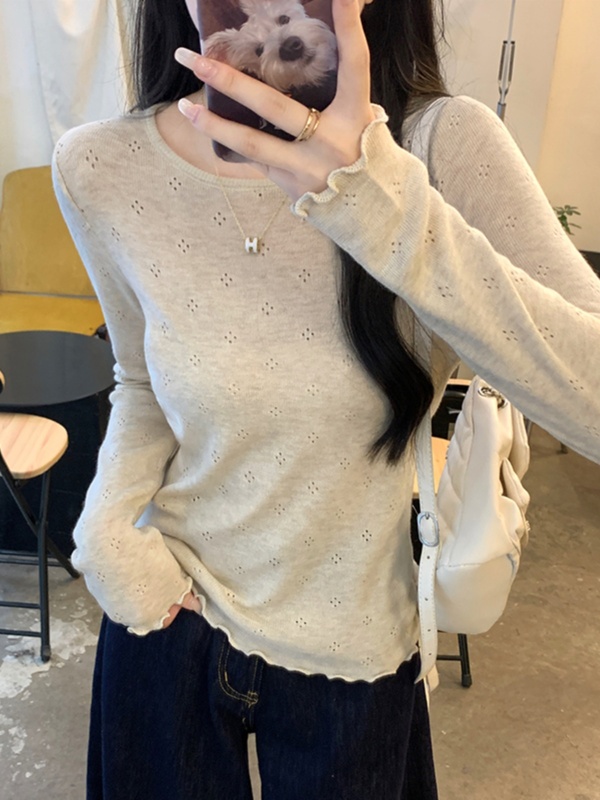 秋冬韩系温柔风圆领边长袖针织衫女复古甜美镂空毛衣打底上衣2025|undefined