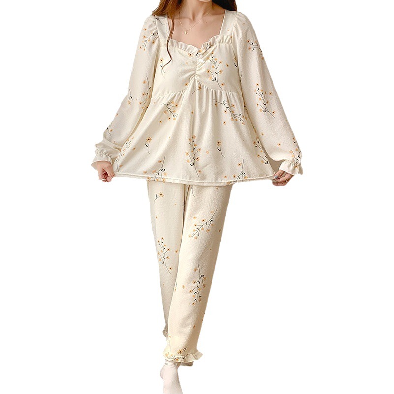 Princesa estilo simple pijamas de las mujeres tejido crepe cuello en V algodón manga larga Otoño e Invierno dulce desgaste del hogar con almohadilla de pecho traje