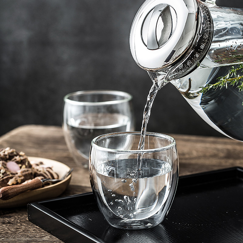 Olla de gota de agua de vidrio con alto contenido de borosilicato de gran capacidad, olla de bebida fría de jugo de vidrio transparente para el hogar, botella de agua fría con tapa de acero inoxidable
