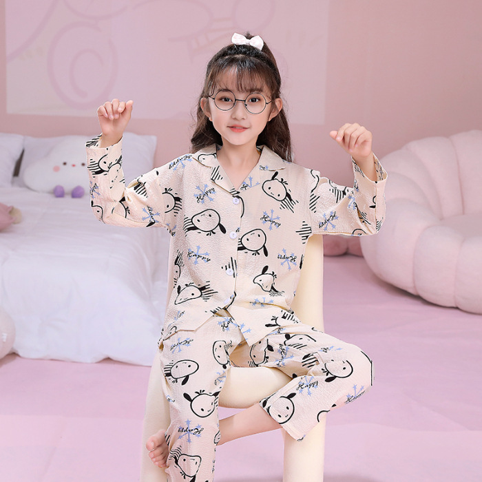 Pijamas infantiles primavera y otoño delgada espuma tela arrugada ropa para el hogar niñas dibujos animados aire acondicionado ventilado ropa de verano