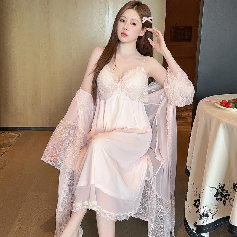 凌蕾春夏纯欲网纱睡裙花边蕾丝长袖两件套仙女风宫廷复古带胸垫|undefined