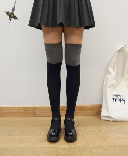 Women's Autumn/Winter Color Block Socks, Plain Color Mid-Calf Black and Grey Striped Over-the-Knee Semi-Calf Fashion Socks