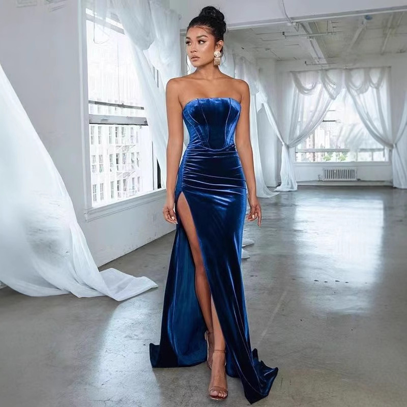 Europe and the United States cross-border new Amazon elegant slim split tube velvet backless dress evening dress women