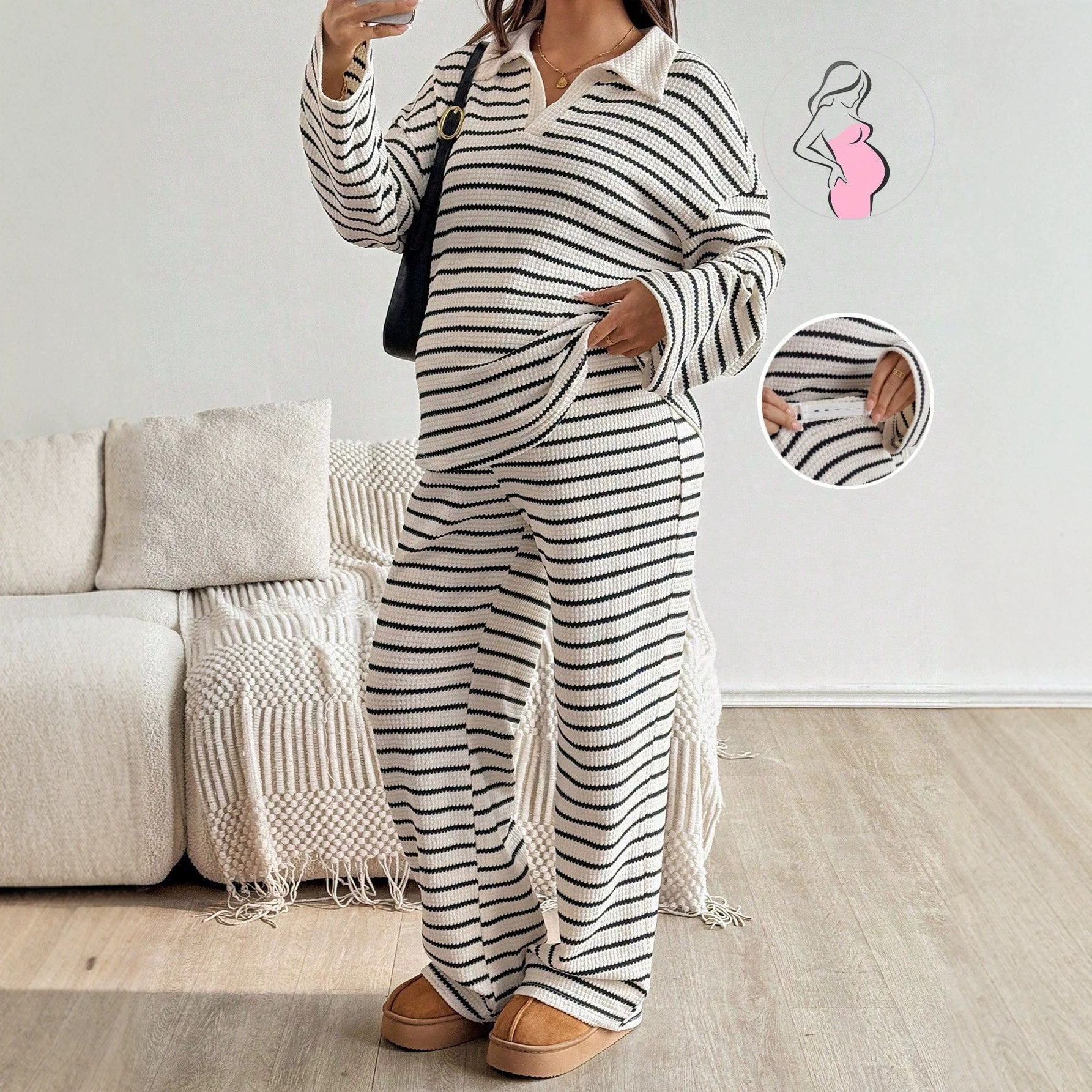 European and American maternity wear 2-piece set, popular autumn and winter casual set with a collared knit top and adjustable waist loose long pants