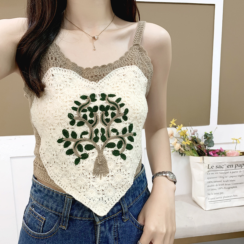 Design sense niche hollow-out knitted embroidered camisole women's summer short sleeveless top inner and outer wear fashion