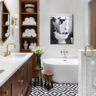 Black and White Sunglasses French Bulldog Toilet Reading Newspaper Bathroom Poster Canvas Painting Decorative Painting Core Frameless Hanging Painting