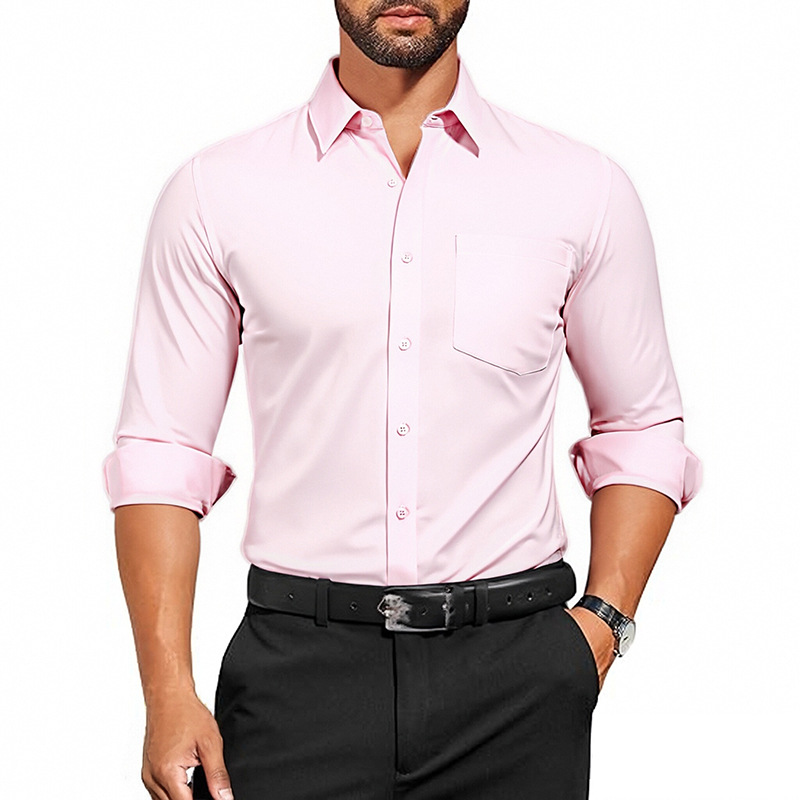 Camisa blanca de manga larga para hombre de primavera delgada de Amazon, transpirable elástico y antiarrugas, top profesional de negocios de color sólido para hombre