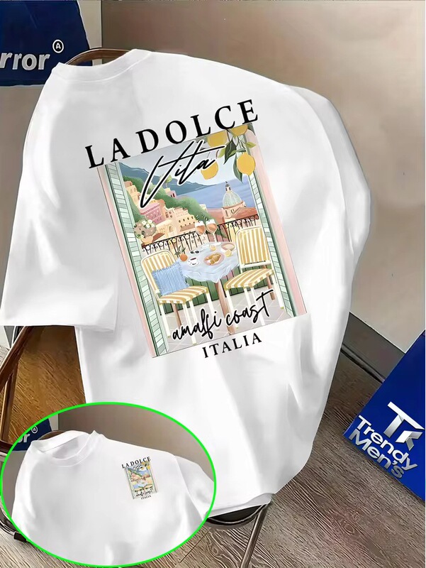 Sweet Life Amalfi Coast Print Cotton Men's T-Shirt Great for Summer Casual Holidays and Streetwear