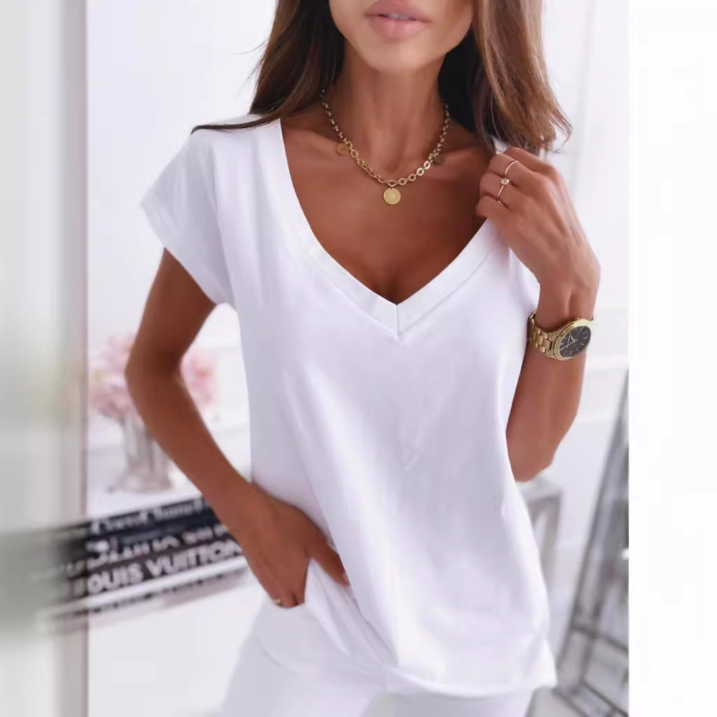 2025 Amazon Hot Model Aliexpress Wish Spring and Summer Pure Color Short-Sleeved V Neck Simple T-Shirt Tops for Women