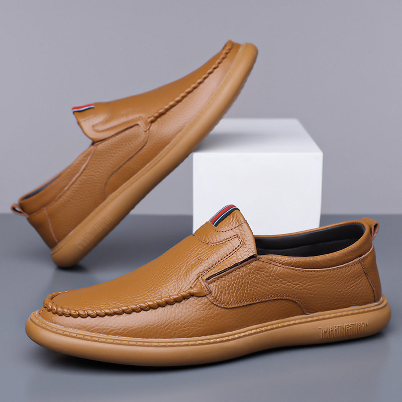 Giày lười nam da bò thật mềm đế bằng kiểu dáng đơn giản — quần kaki, trắng, đen