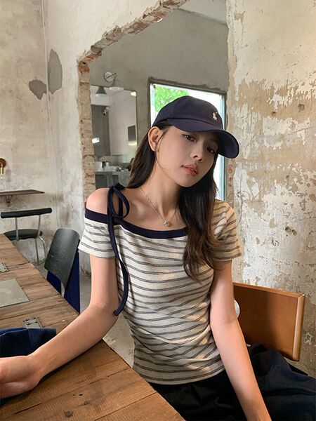 Navy striped slanted shoulder short-sleeved T-shirt for women in…
