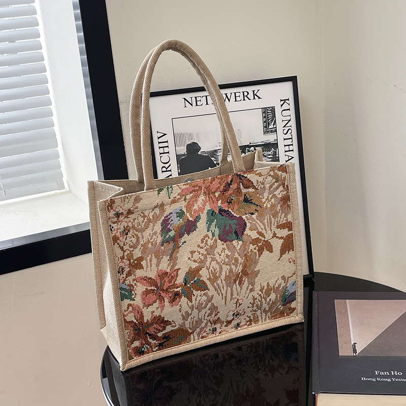 Cute Ins Cotton and Linen Armpit Bag Large Capacity Work Commuter Lunch Bag Chinese Style Oil Painting Design Satchel Shoulder Bag