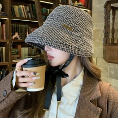 秋冬季简约小香风格纹渔夫帽子女2025新款时尚百搭卷边显脸小盆帽