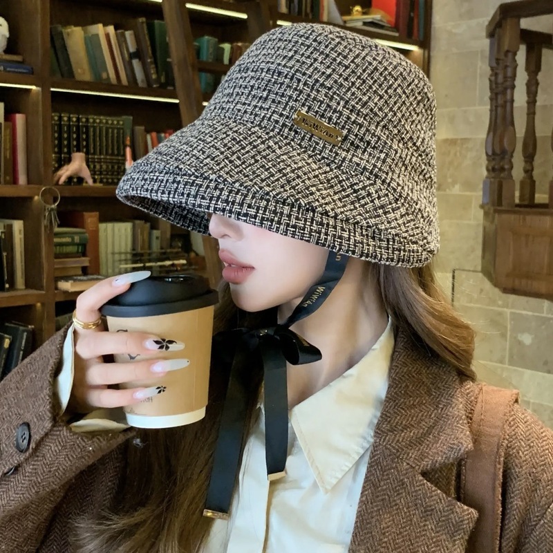 秋冬季简约小香风格纹渔夫帽子女2025新款时尚百搭卷边显脸小盆帽|undefined