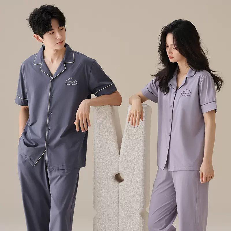 睡衣情侣款春夏纯棉短袖长裤男士开衫薄款夏天女士凉感家居服套装