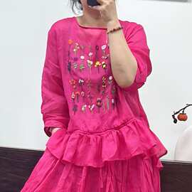 2026夏季新款休闲苎麻刺绣衬衫女文艺拼接中袖宽松衬衣T恤衫