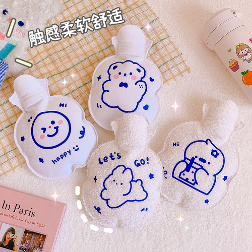 Art blue plush hot water bottle cartoon water-filled hot water bottle portable mini hand warmer for students cute warm stomach compress