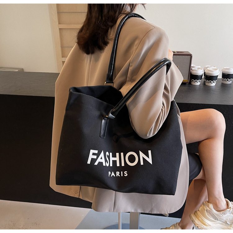262g Weight Polyester Lining Material Open Closure Type Single Shoulder Strap Strap Type Tote Bag Bags Type Holiday, Daily Occasion Canvas Material Letter Pattern All Seasons Season Women's Gender Classic Style Style Square Shape Large Size Women's Large Canvas Letter Classic Style Square Open Tote Bag 13