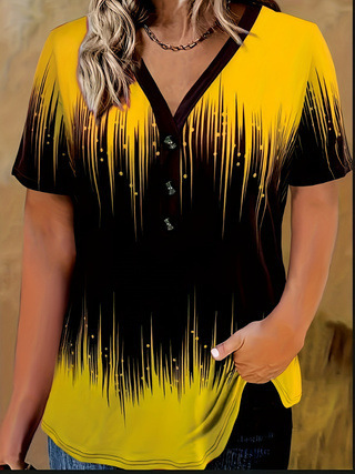 2025 Spring and Autumn Seasonal Striped Print V-Neck T-Shirt Casual Short-Sleeve Top for Plus Size Women