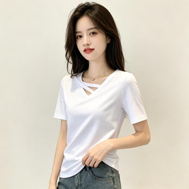 Short-Sleeved Women's 2026 New Summer White T-Shirt Women's V-Neck Loose Korean Style Black Top Casual Ins T-Shirt Trend Short-Sleeved Women's 2026 New Summer White T-Shirt Women's V-Neck Loose Korean Style Black Top Casual Ins T-Shirt Trend