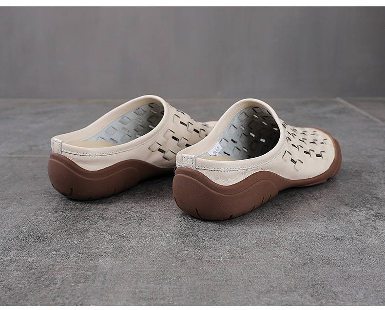 Dép sandal nữ quai chữ V đan thủ công da bò mềm đế bệt — màu trắng ngà chi tiết 12