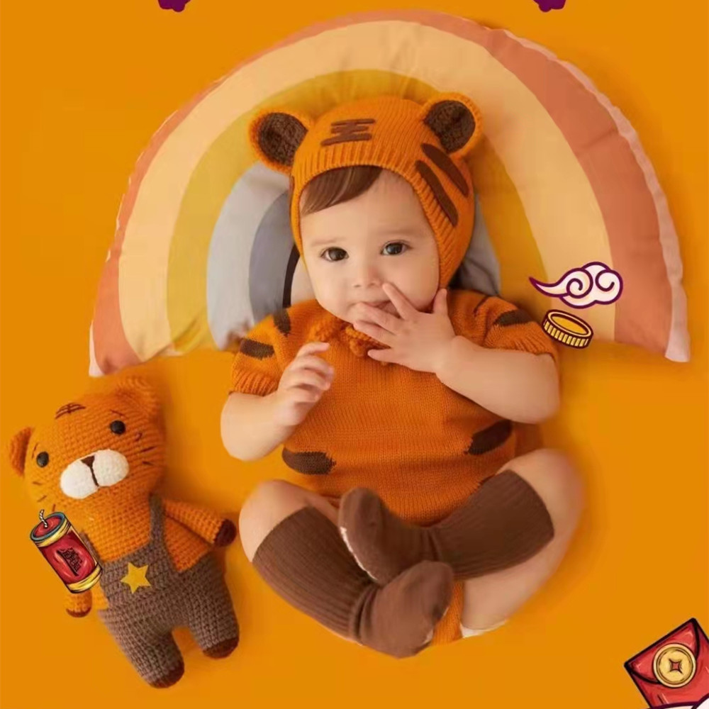 New cross-border knitted clothing, cute little tiger bodysuit for baby photography, children's photography outfit.
