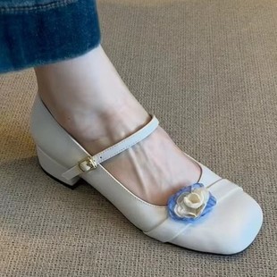 French Style Square Head Big Flower Shallow Mouth Mary Jane Shoes Women's Fashionable All-match Commuting Thick Heel Soft Leather Skirt Women's Single-layer Shoes