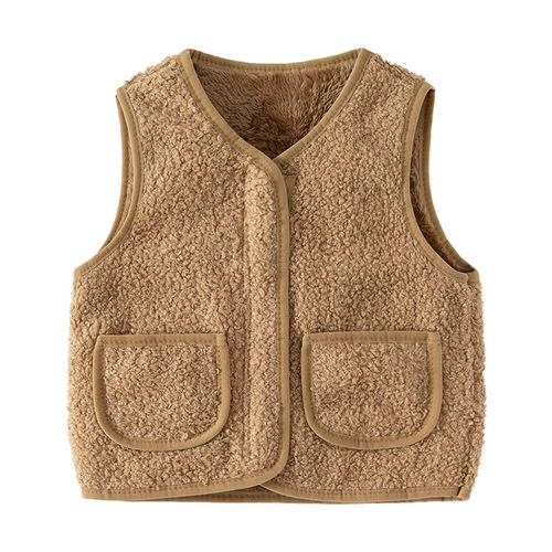 New autumn and winter cold-proof and warm vest, solid color hoodless children's plush vest, casual and fashionable children's vest