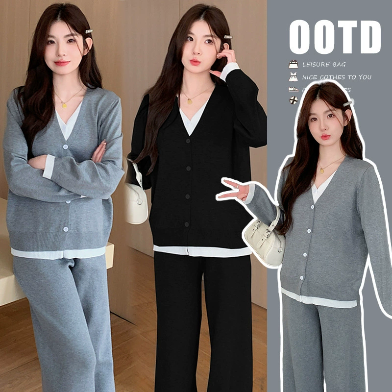 2024 Ранняя осень новая беременная мама тонкая мода поддельные два сращенных свитера ленивый темперамент модный свободный набор