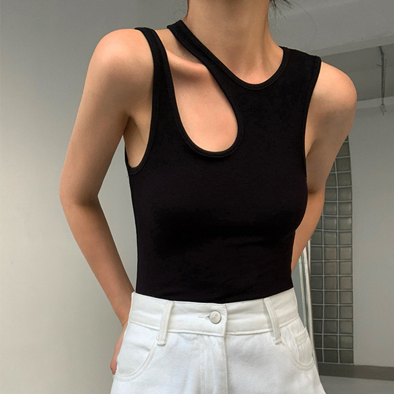 Street Trendy High Street Style 2024 Summer Round Neck Side Asymmetrical Cut Out Design Women's Pure Color Slim Vest