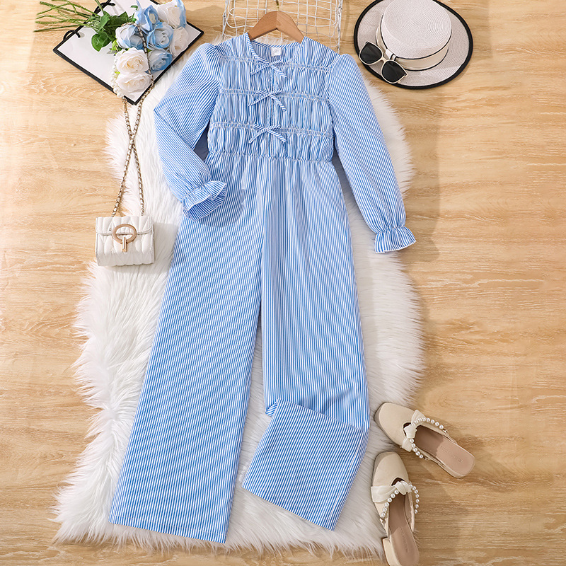Niñas grandes trajes de comercio exterior ropa infantil transfronteriza nueva moda de otoño rayas delgadas mangas largas pantalones largos de piernas anchas