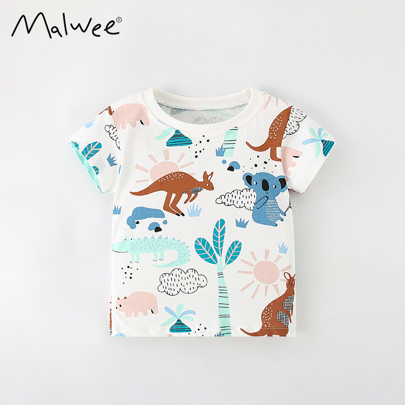 Malwee niños de manga corta ropa de verano nueva camiseta de cuello redondo impresa europea y americana para niños guapo camiseta infantil