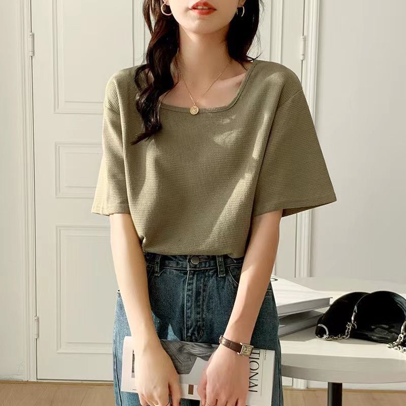 Square Collar Exposed Collarbone ShorT-sleeved T-shirT Women's Summer Wear 2024 New STyle Waffle STyle Loose Slimming Look VersaTile Top