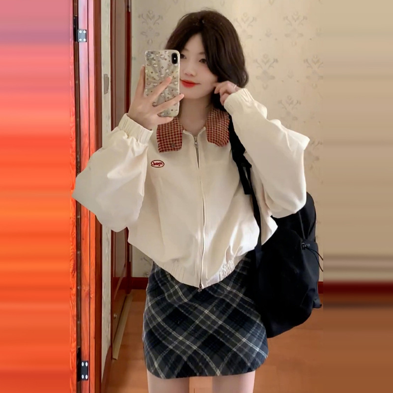 新款美式复古格子双面穿翻领绣花夹克女2025秋新款设计感撞侣雀珉|undefined
