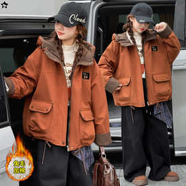 女童冬装派克服2025新款韩系网红兔毛夹棉加厚连帽中大童冬季外套