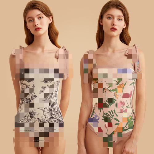 Langei Western and European Printed Double Fabric Beach Hot Spring Swimsuit Set for Women French Retro One-piece Bikini